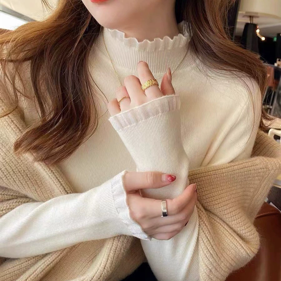 Женская многослойная рубашка с полуводолазкой, весенне-осенний дизайн с длинными рукавами, нишевый вязаный топ, кружевной белый свитер