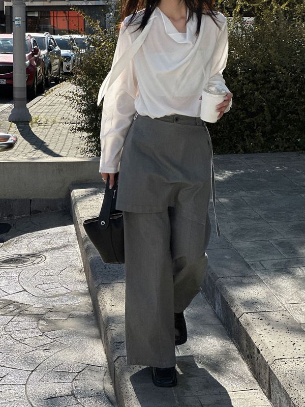 韩版设计感假两件休闲裤女2025秋季新款百搭屁帘显瘦宽松水洗长裤|undefined
