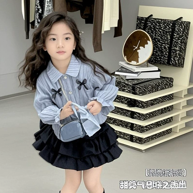 Детский костюм для девочек 2025 летняя новая детская рубашка плиссированная юбка сукно весенний набор из двух частей