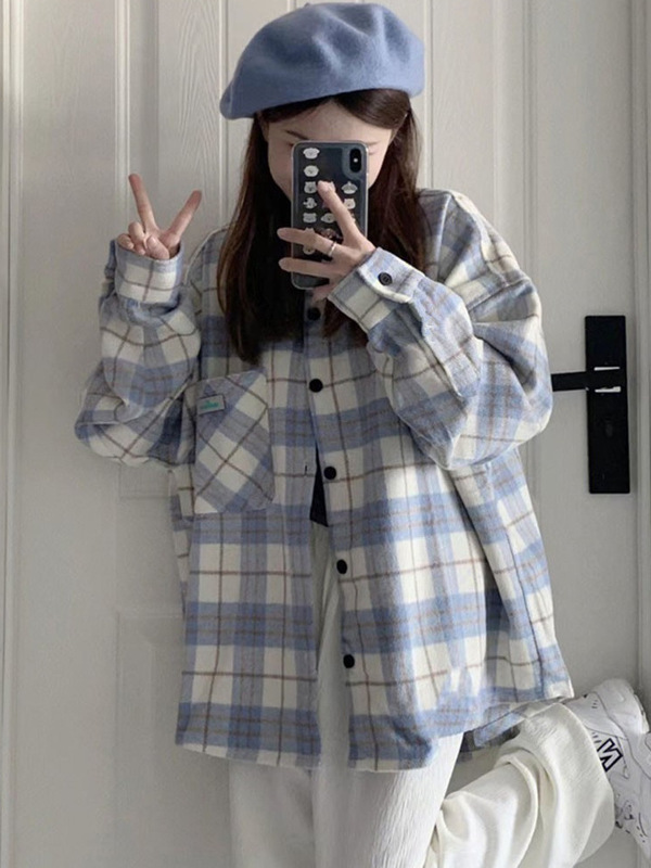 蓝色格子衬衫磨毛上衣外穿女2025新款秋款复古设计感小众衬衣外套|undefined