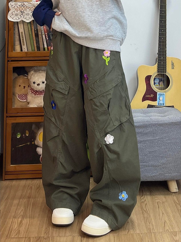 【韩牛】美式军绿色花朵刺绣工装牛仔裤女春秋季显瘦宽松阔腿直筒|undefined
