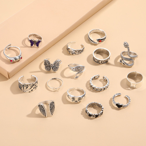 Amazon best-selling ring retro design exaggerated snake-shaped frog butterfly love poker combination 16-piece ring set
