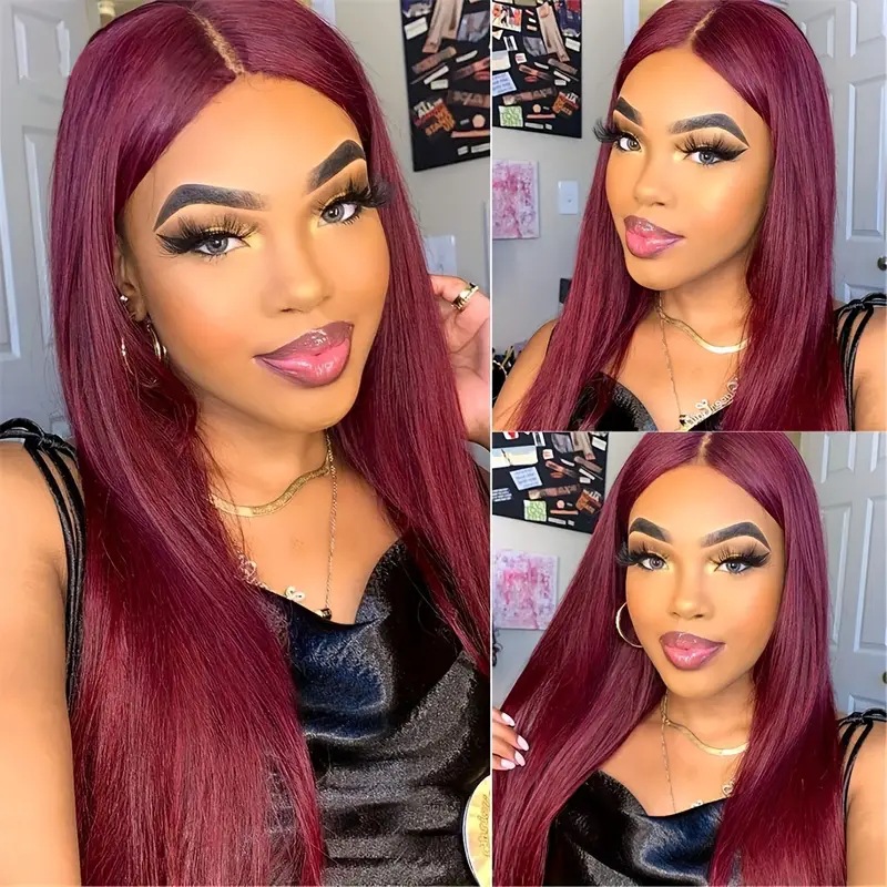 Parrucca in stile europeo-americano con bordo in pizzo, capelli sintetici lunghi e lisci, copertura completa della testa, riga centrale, popolare in Africa, taglia media._voghion.com