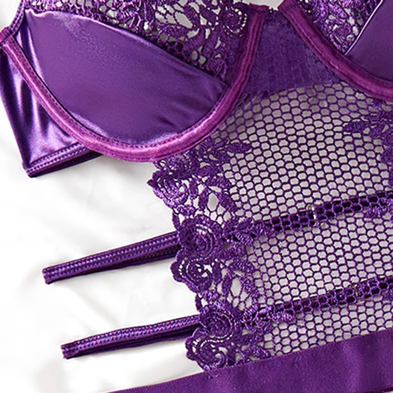 Purple Lace Underwire Jumpsuit Lingerie Set with Garters, Thong, Gloves and Stockings — detail image 20