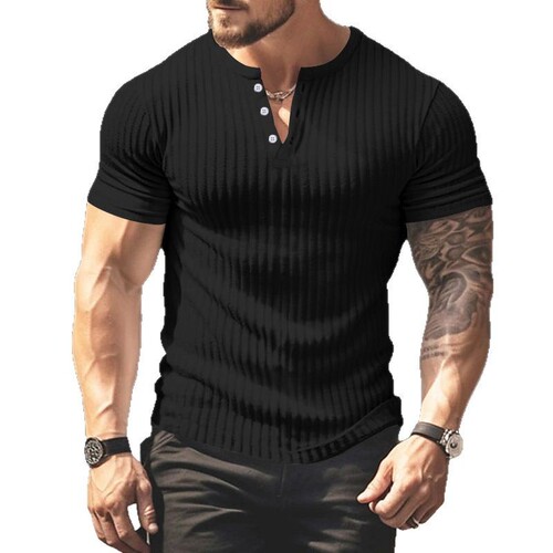 2025 European and American Solid-Color Summer New All-Match Men's T-Shirt Amazon Henley Shirt Casual Knitted Short-Sleeved T-Shirt for Men