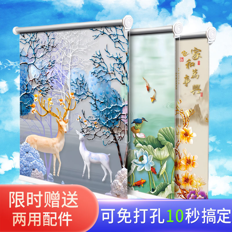 New Style Curtains, Roller Blinds, Sunshade, No-Drill Installation, Full Blackout, Adjustable, for Kitchen, Bathroom, Bedroom, Pull-Down Type