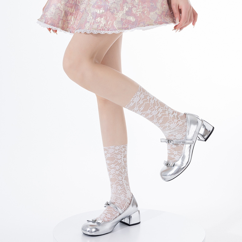 Calcetines de pila de estilo fino de verano, flor de encaje, medias jk huecas, estilo de ballet, malla transpirable, chica miu, tubo medio