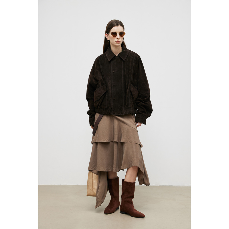 2026 Spring Suede Minimalist Turn-Down Collar Slant Large Pocket Oversized Casual Genuine Leather Jacket Coat 2026 Spring Suede Minimalist Turn-Down Collar Slant Large Pocket Oversized Casual Genuine Leather Jacket Coat