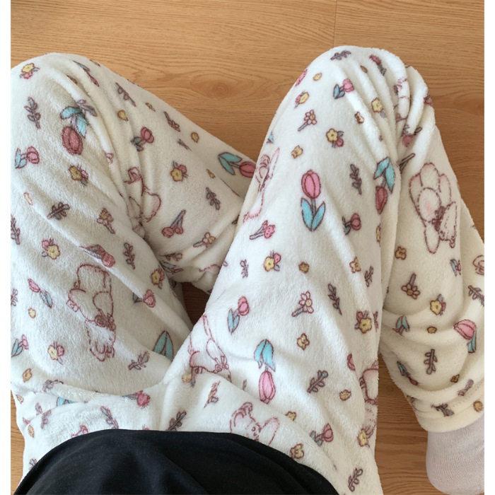 2025 otoño y invierno de flanela de dibujos animados pantalones de pijama individuales gruesos calentados pantalones caseros lindos pantalones