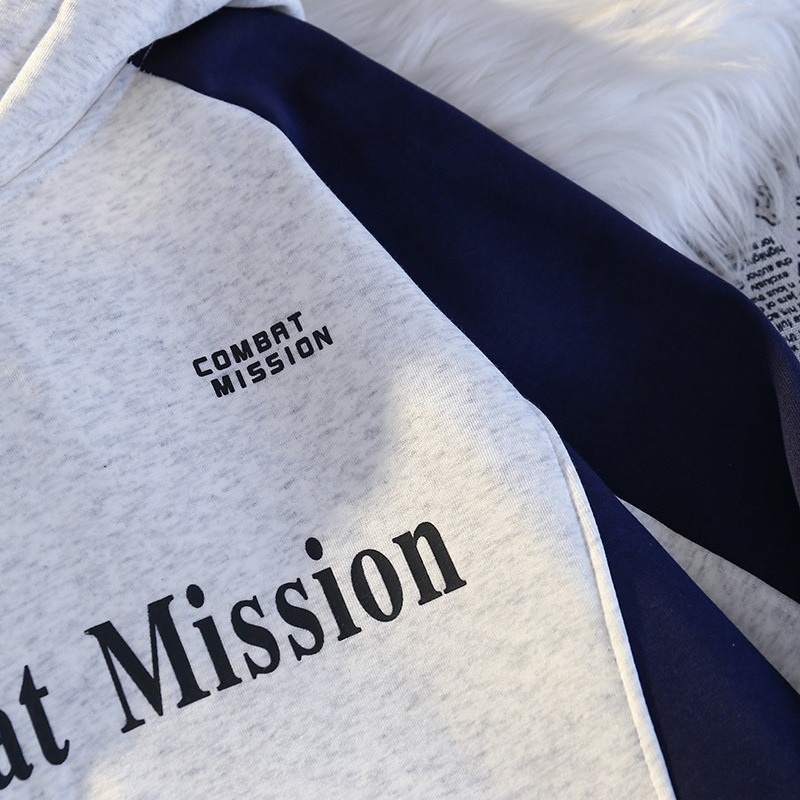 Felpa con cappuccio, manica raglan, stampata con lettere in stile americano, spessa e foderata in pile, patchwork, color-block, alla moda_voghion.com