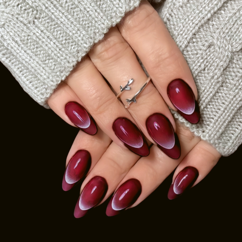 24 Pieces of Geometric French Style Wearable Nails, Burgundy New Press-On Nails, French Manicure