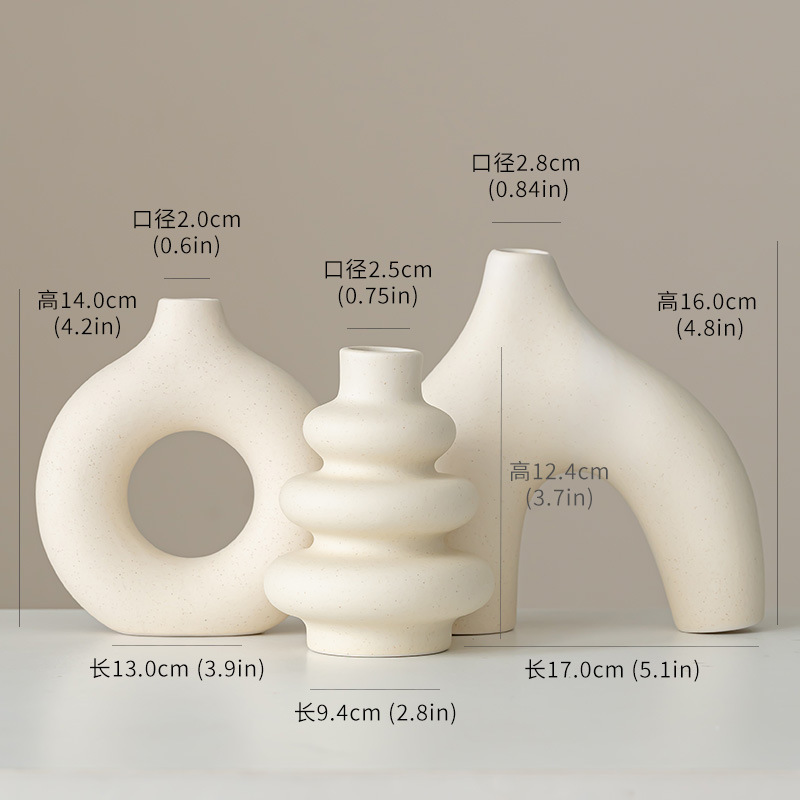 Estilo bohemio de tres piezas, jarrón de cerámica blanca, jarrón de diseño geométrico redondo, nuevo jarrón de estilo sushi.