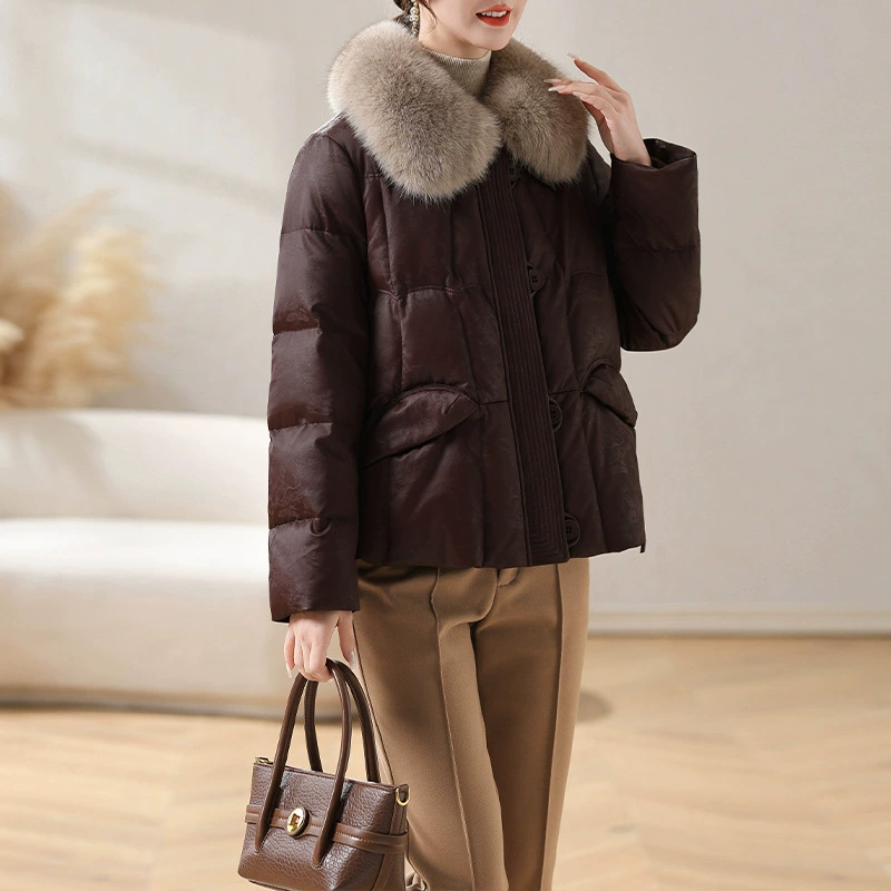 Мама пуховик модный новый настоящий лиса шерстяной воротник одноразовая экологическая кожа белая утка толстая куртка женская зимняя одежда среднего возраста