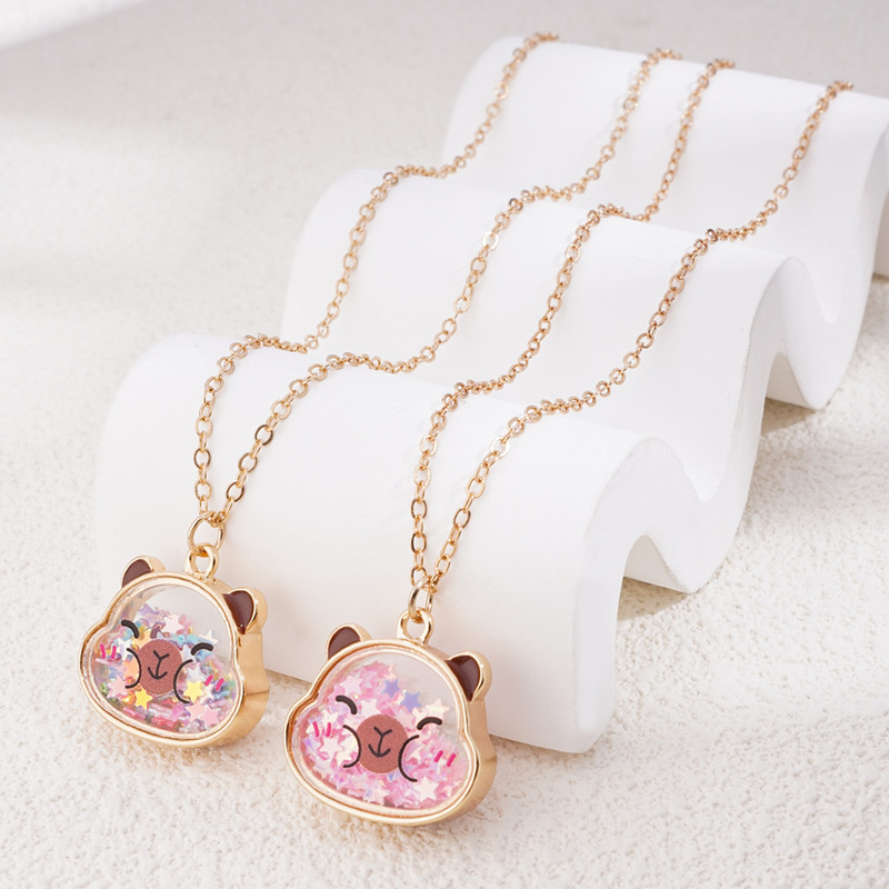 Cross-Border Hot Selling Cartoon Cute Capybara Star Animal Necklace Capibara Alloy Material Onion Pink Sequin Pendant