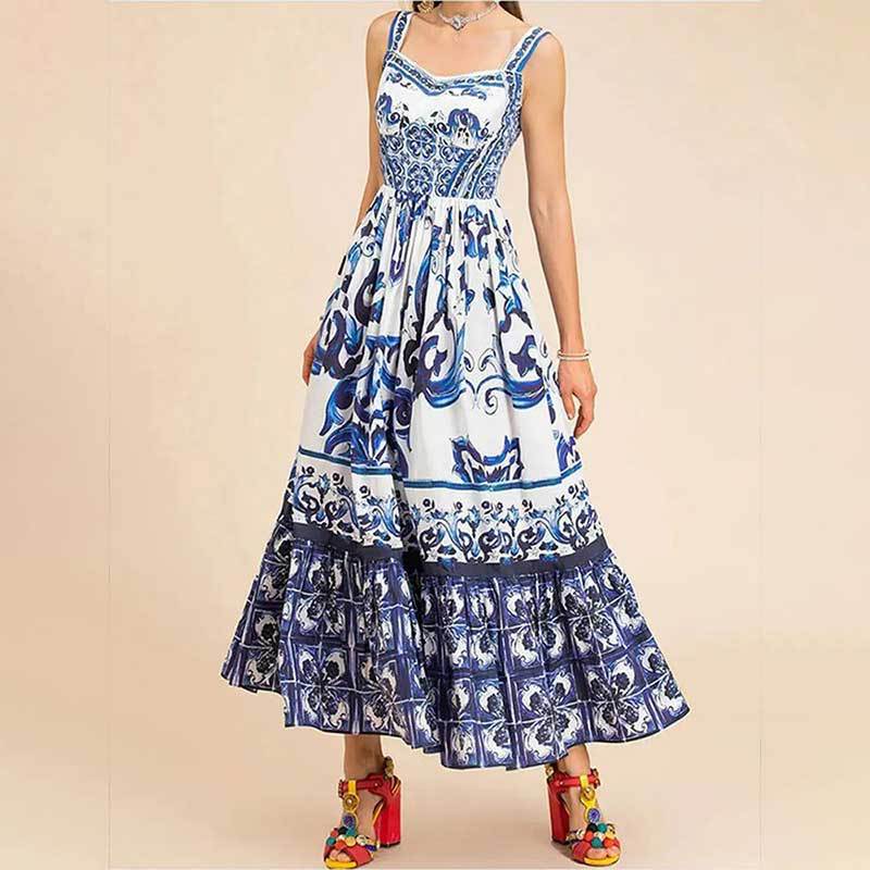 Strap Dress Dresses Type Women's Clothing Autumn New Pattern Print Square Collar Suspender Skirt Pleated Slim High Waist Dress Women