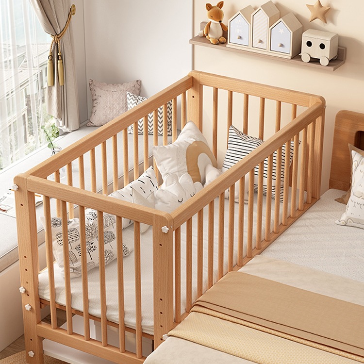Solid Wood Crib Splicing Bed, Movable with Guardrails, Widened Bedside, Multifunctional Beech Children's Bed for Babies