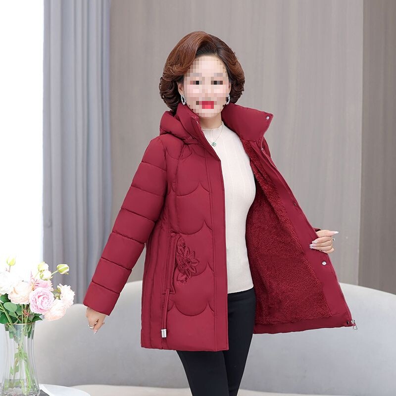 2025 Fleece-Lined Thickened Mid-Length Cotton Jacket for Middle-Aged and Elderly Women, Loose Cotton Coat with Detachable Hood, Winter Outerwear