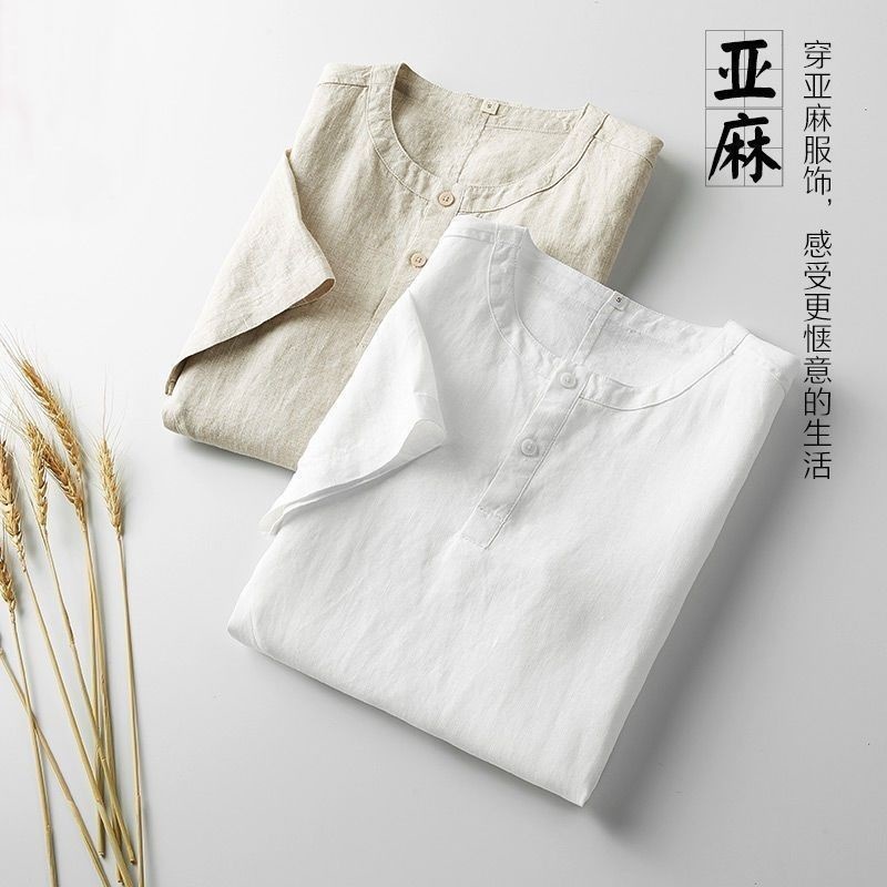 2025 Summer Thin Men's Cotton and Linen Casual Collar Short-sleeved T-shirt Loose Casual Short-sleeved Pullover Linen Shirt