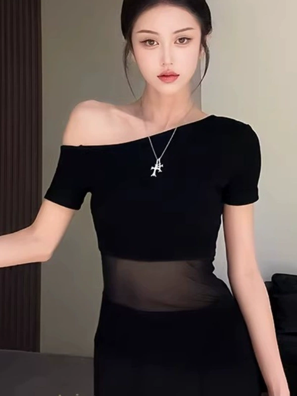 Плюс-сайз дизайн для стильных девушек, подчеркивающий талию, утягивающий топ с открытыми плечами, сетчатыми вставками и прозрачная футболка с короткими рукавами 2025.