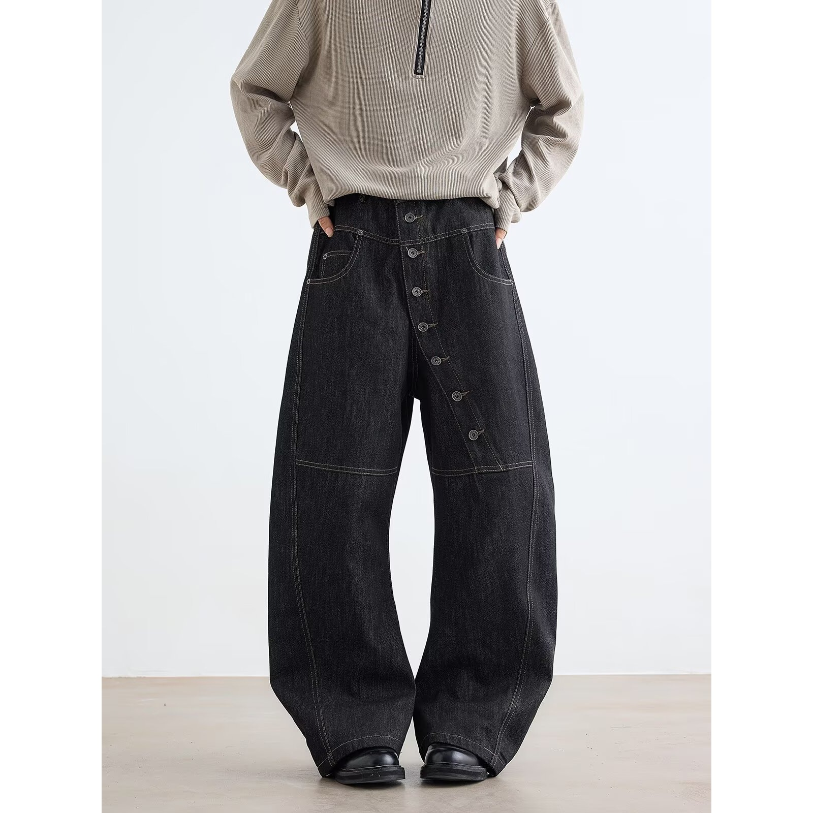 Men's Clothing Retro Patchwork Black Jeans For Unisex Plus Size Elastic Waist Loose Fit Slimming Versatile Spring Casual Denim_voghion.com