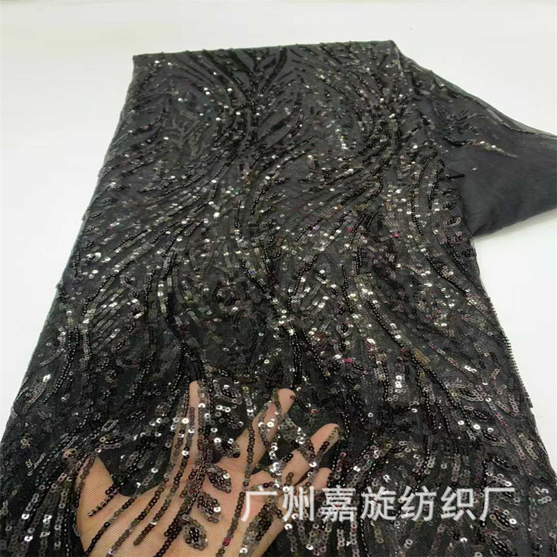 现货非洲亮片水草花珠管薄纱蕾丝面料女装连衣裙晚礼服布料sequin|undefined