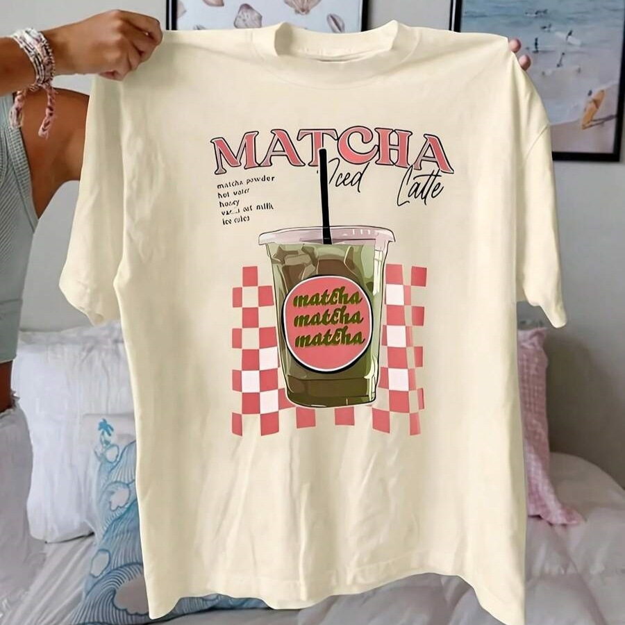 跨境shein抹茶 MATCHA外贸电商女士字母印花短袖休闲宽松圆领T恤
