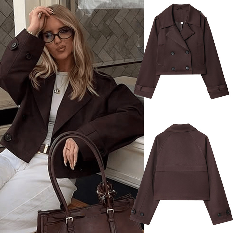 Cross-Border Wholesale Autumn and Winter New Women's American Fashion Coffee Color Short Double-Breasted Jacket High-End Windbreaker