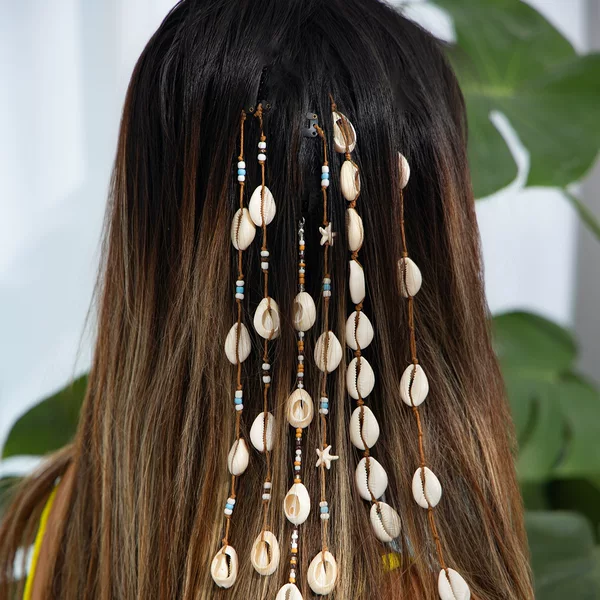 European and American Cross-Border Jewelry Bohemian Style Rice Beads Shell Pendant Hair Chain Personalized Handmade Beaded Women's Hair Accessories