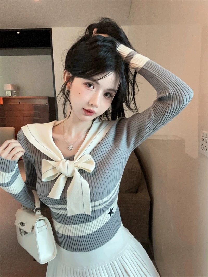 College Style Navy Collar Ribbon Knitwear Women's Autumn and Winter Pure Desire Striped Top Base Shirt Jk Uniform Sweater