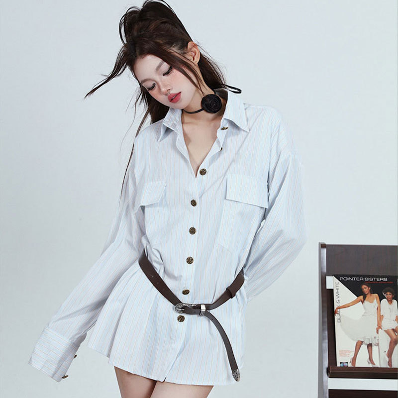 Dress Women's Design Niche Boyfriend Style Loose Vertical Striped Long Sleeve Two-Wear Sun Protection Shirt Dress Autumn