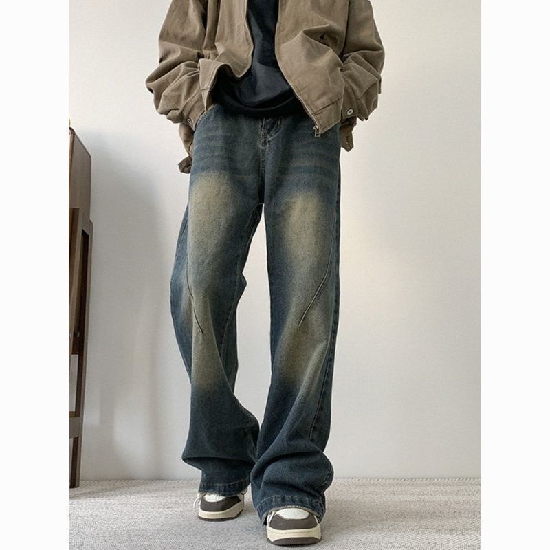 Men's High Street Cleanfit Vintage Washed Denim Jeans - Relaxed Fit Straight Leg Trousers For Casual Wear​_mkmklike.com