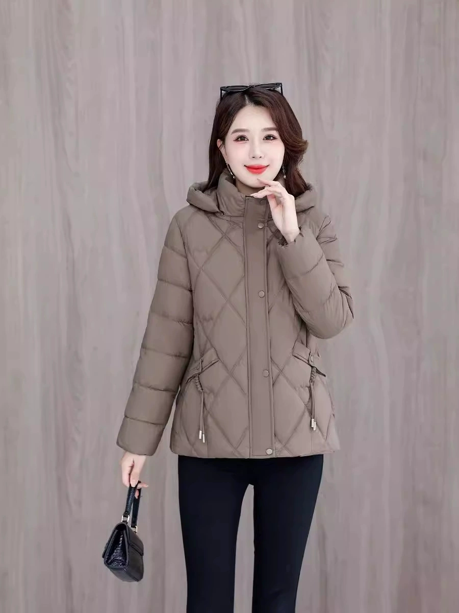 Winter short fitted warm down jacket with down with hood, Korean style, for middle age