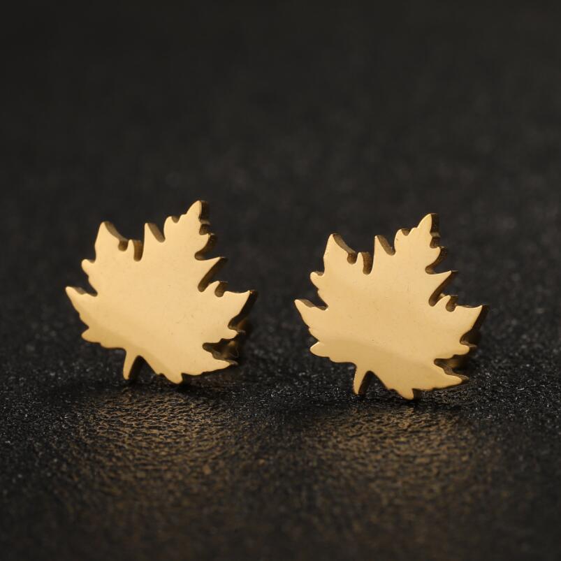 2g Weight PVD Coated Gold Plating Process Real Gold Plated Plating Material Ear Studs Classification 1 Pair Quantity PVD Coated Real Gold Plated Maple Leaf Stainless Steel Simple Style Waterproof Non Tarnish Ear Studs