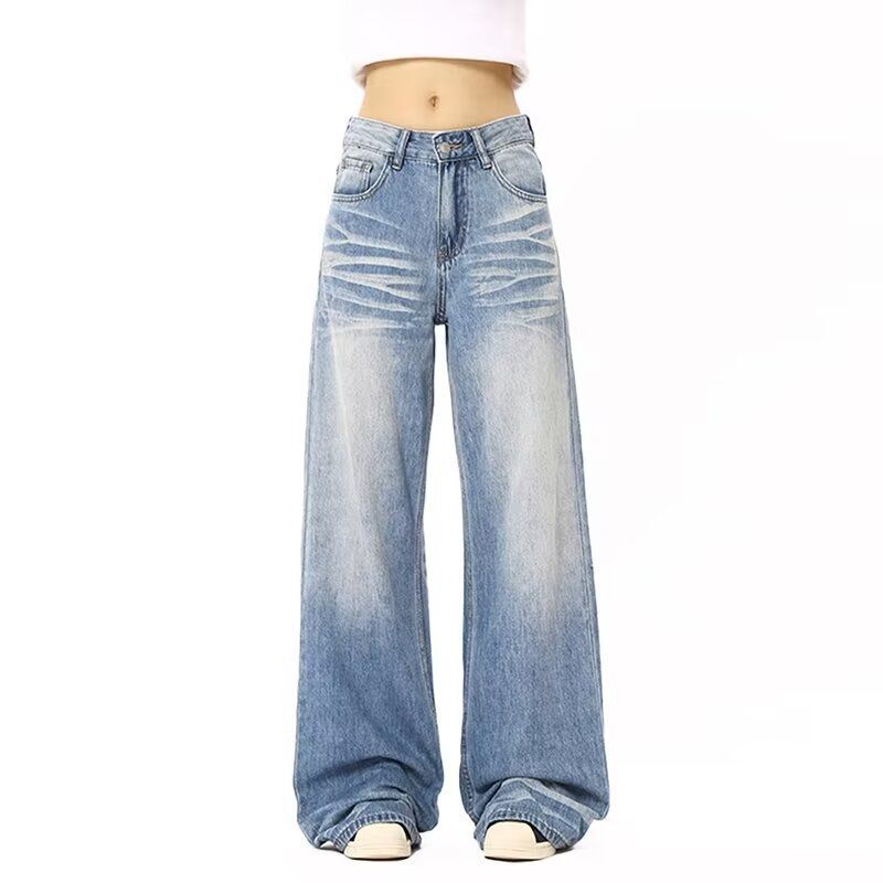 Crease-worn Washed Jeans Women's Spring and Autumn New Arrival light blue High Waist Loose Straight Dipped Wide Leg Pants