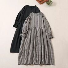 跨境2024秋季新款文艺休闲宽松大码女装木耳领开衫格子长袖连衣裙