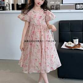 新款女孩汉服连衣裙夏季洋气新款薄款复古旗袍中大童雪纺公主