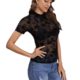 European and American Cross-border 2025 New Elegant Single-layer Mesh Small Vertical Collar Flocking Printed Short-sleeved T-shirt Small Shirt Top for Women