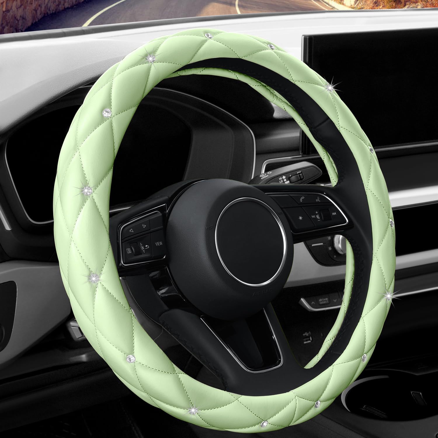 Factory Direct Sales Amazon Car Diamond-Studded Steering Wheel Cover, Universal for All Seasons, Soft Leather Anti-Slip Rhinestone Handle Cover