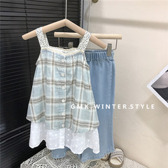 夏季新品女童吊帶裙格子拼接蕾絲花邊連衣裙疊穿上衣裙牛仔喇叭褲