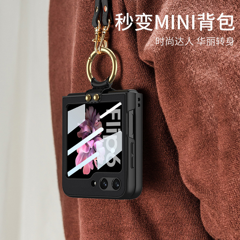 Samsung Z FLIP6 Mobile Phone Case Ultra-thin Lanyard Flip Cover Protective Case Crossbody Leather Case for Flip6 Strap Leather Case