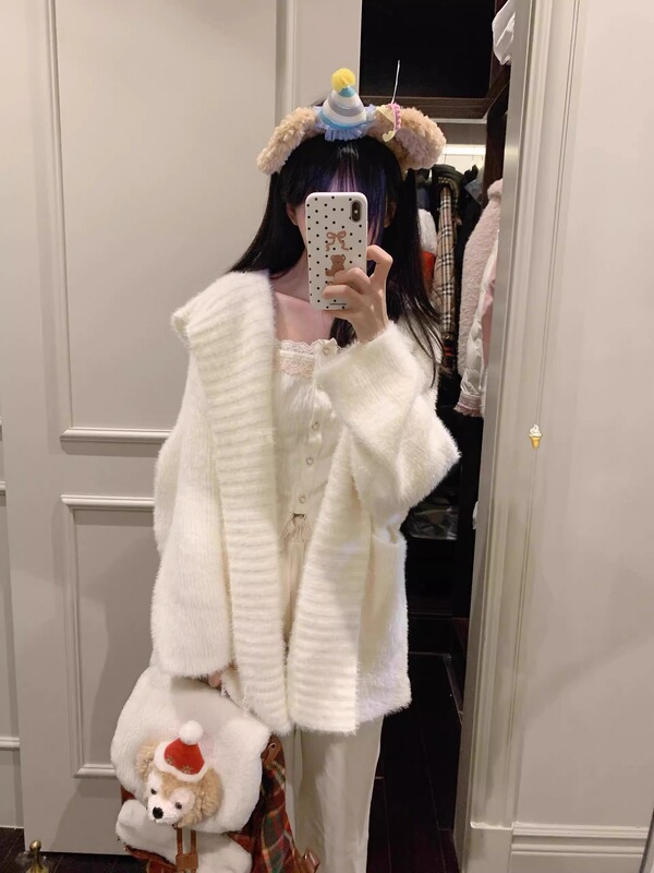 韩版慵懒风奶白色仿水貂毛衣女秋冬新款软糯宽松连帽针织衫外套潮|undefined