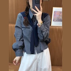 韩系时尚减龄披肩长袖格子衬衫女2025早秋新款洋气百搭设计感上衣