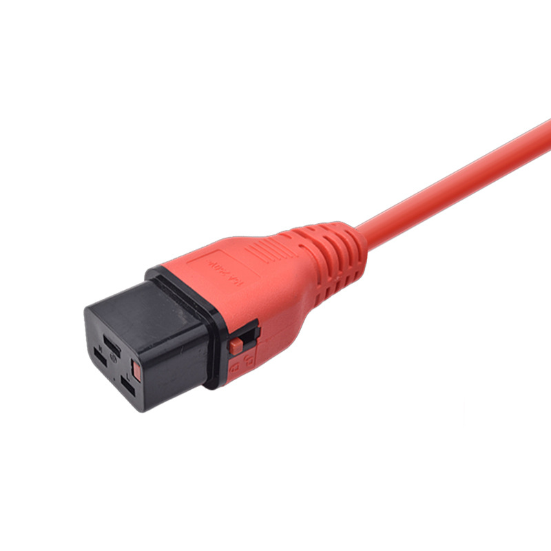 红色带锁C19转C20 美标12AWG延长线横孔品字尾蓝色美规自锁插头线