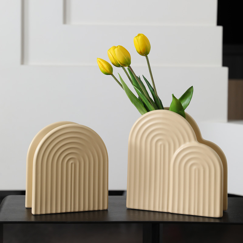 Medio-antiguo jarrón de cerámica decoración sala de estar arreglo de flores secas sentido artístico crema estilo mesa de comedor mesa superior decoración al por mayor