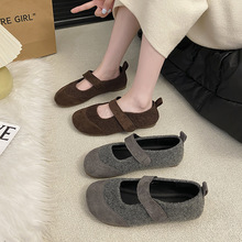 森系复古小香风呢子单鞋女2025秋季新款丑萌平底勃肯鞋圆头豆豆鞋