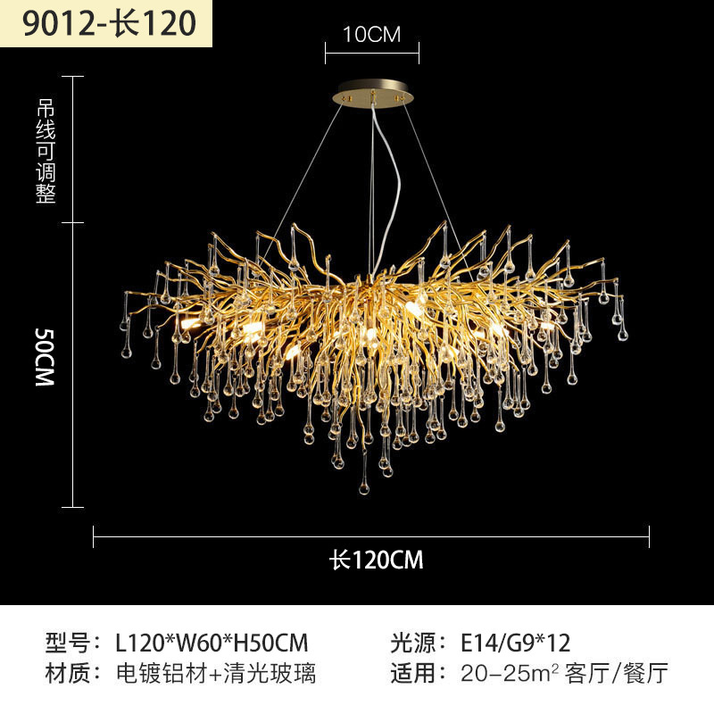 Araña de cristal de lujo ligero francés, restaurante, lámpara de rama de gota de agua posmoderna, sala de estar de villa, araña de aluminio de lujo
