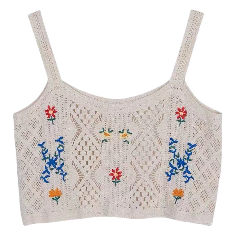 Короткий слинг во французском стиле, новый жилет с цветочной вышивкой, женская летняя женская одежда в стиле ретро, элегантный вязаный Топ для уменьшения возраста