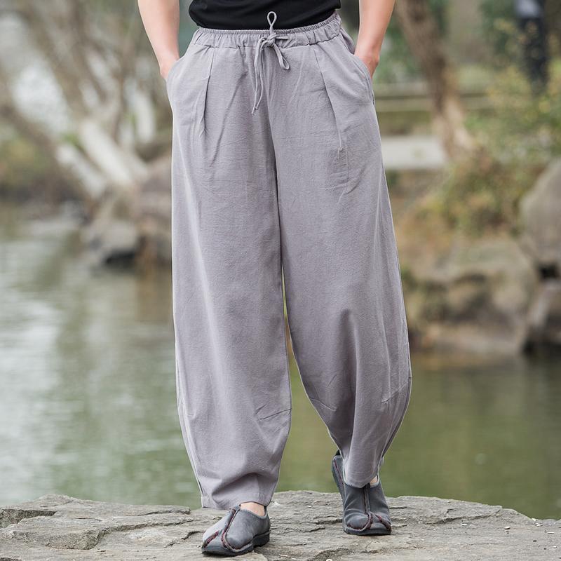 Pantalones deportivos de algodón y lino pantalones de verano de los hombres sueltos extra grandes pantalones de pierna ancha estilo chino cintura elástica tobillo-atado bloomers de práctica