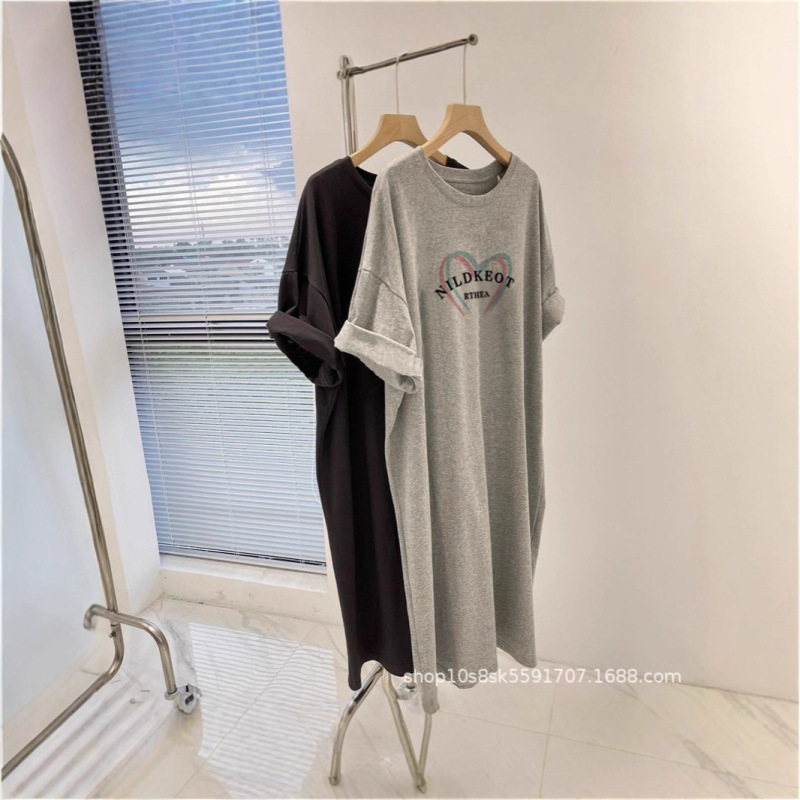 Casual T-Shirt Dress Women's Mid-Length Loose Korean Style Plus Size Women's Fat mm Slim Gray Dress Women's Summer Dress