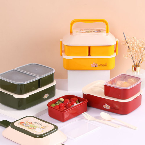 Japanese-style double-layer portable lunch box, student picnic light lunch box, office worker, portable, microwaveable, with fork and spoon